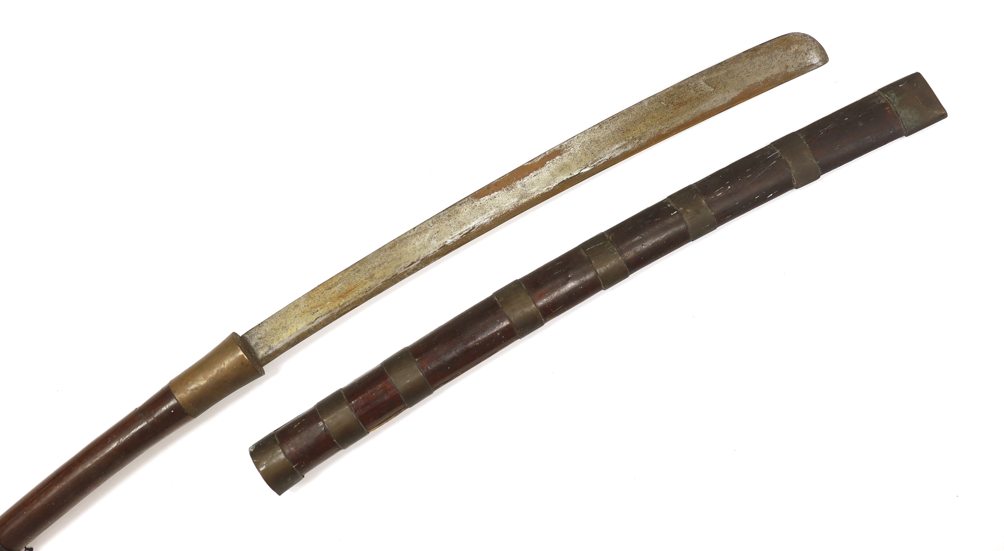 A large 19th century Burmese dha, in a wooden scabbard with metal bands, long wooden grip, blade 67.5cm